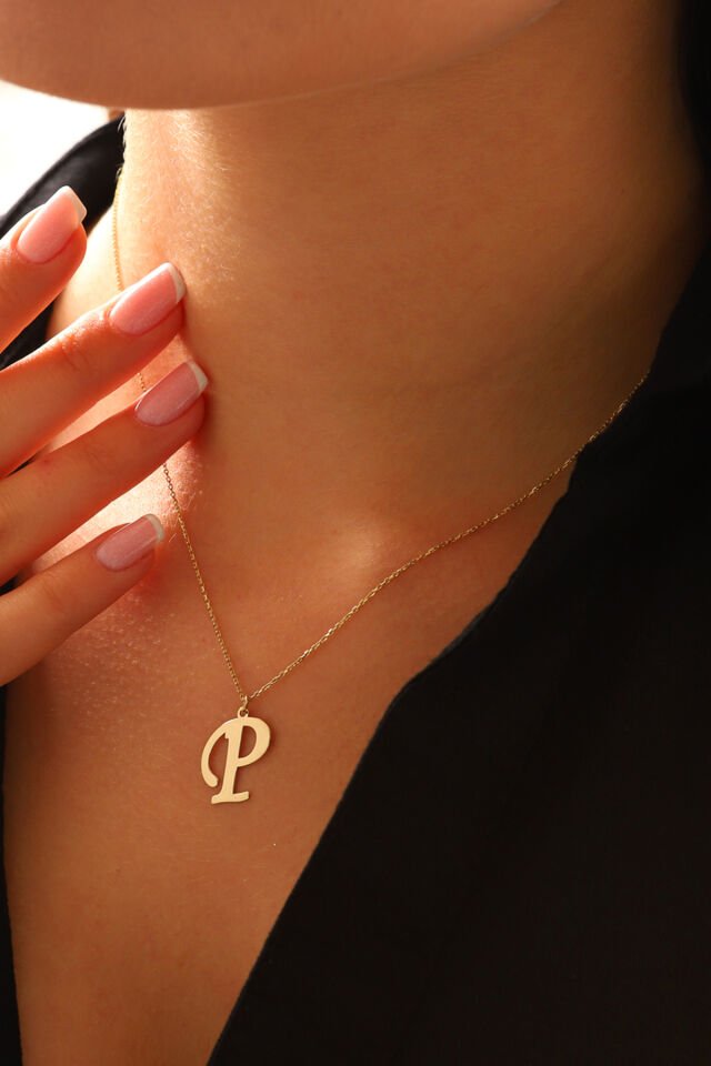 PRENSES PIRLANTA Kadın 14 Ayar Altın Harf Kolye El işi A & Z Harfi Altın Kolye Zincirli Harf Kolye 42 Cm P