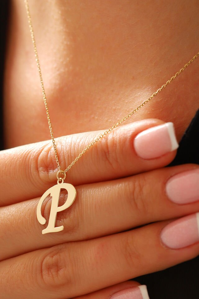 PRENSES PIRLANTA Kadın 14 Ayar Altın Harf Kolye El işi A & Z Harfi Altın Kolye Zincirli Harf Kolye 42 Cm P