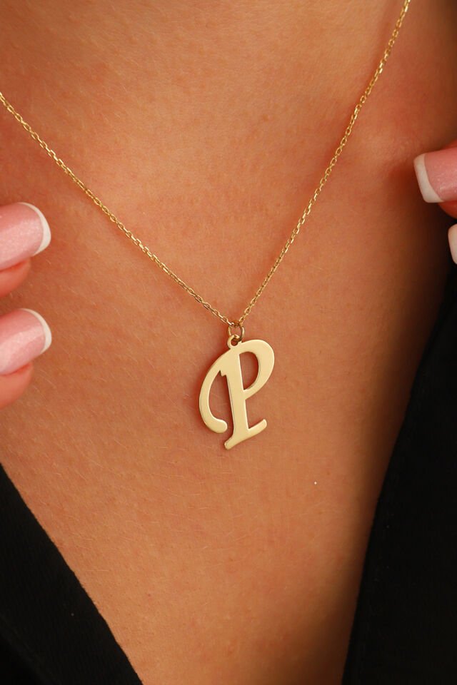PRENSES PIRLANTA Kadın 14 Ayar Altın Harf Kolye El işi A & Z Harfi Altın Kolye Zincirli Harf Kolye 42 Cm P