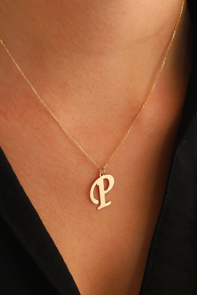 PRENSES PIRLANTA Kadın 14 Ayar Altın Harf Kolye El işi A & Z Harfi Altın Kolye Zincirli Harf Kolye 42 Cm P