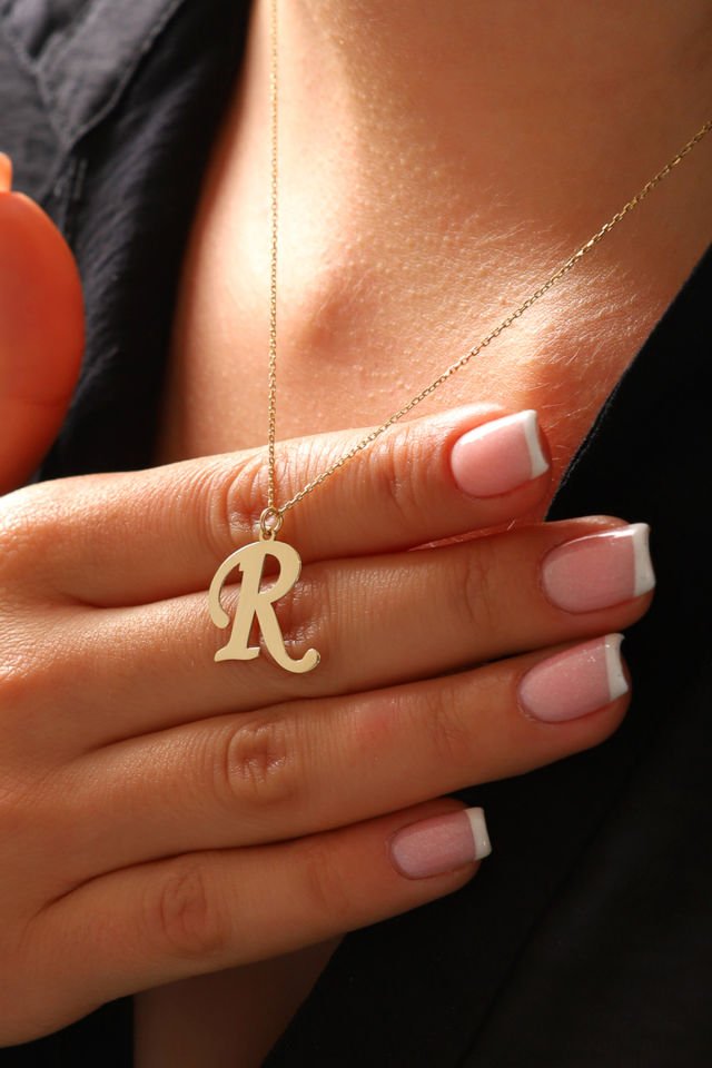 PRENSES PIRLANTA Kadın 14 Ayar Altın Harf Kolye El işi A & Z Harfi Altın Kolye Zincirli Harf Kolye 42 Cm R