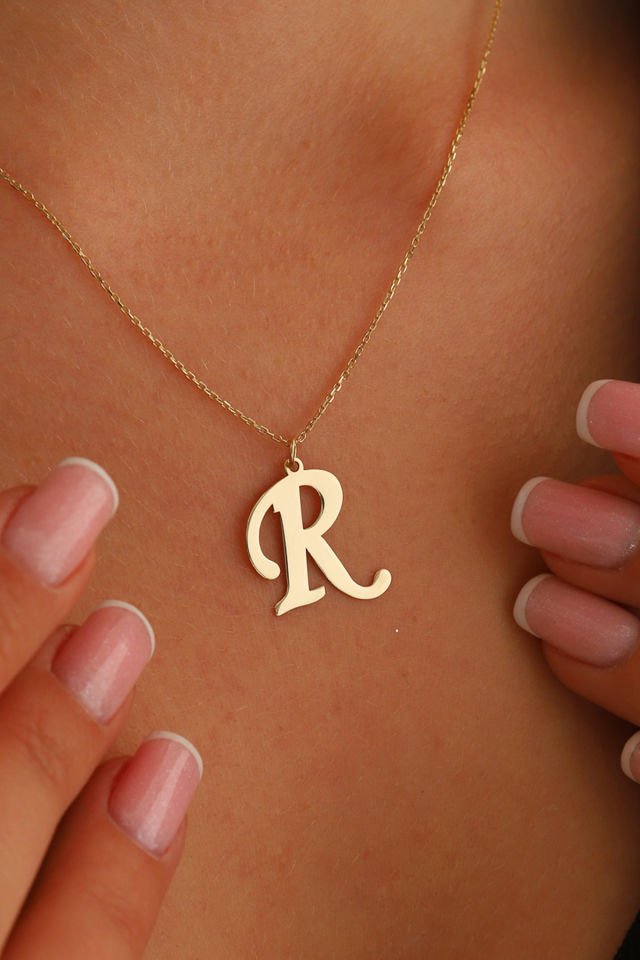 PRENSES PIRLANTA Kadın 14 Ayar Altın Harf Kolye El işi A & Z Harfi Altın Kolye Zincirli Harf Kolye 42 Cm R