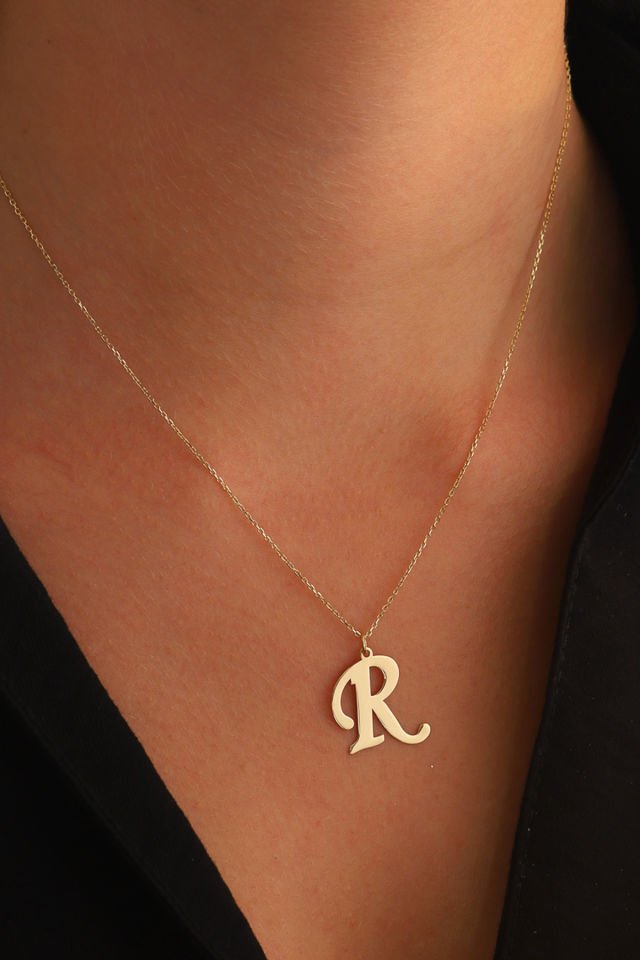 PRENSES PIRLANTA Kadın 14 Ayar Altın Harf Kolye El işi A & Z Harfi Altın Kolye Zincirli Harf Kolye 42 Cm R