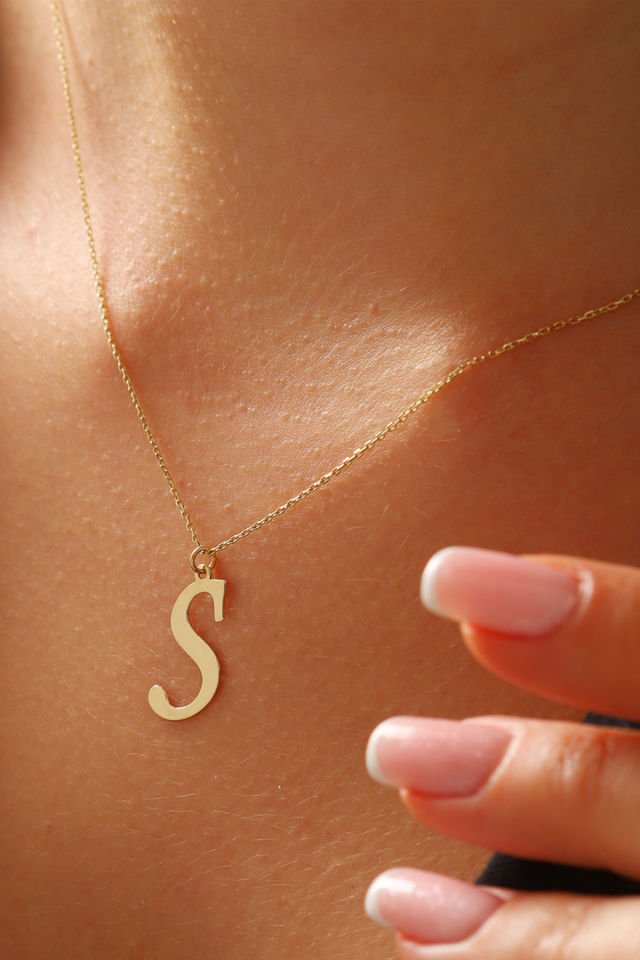 PRENSES PIRLANTA Kadın 14 Ayar Altın Harf Kolye El işi A & Z Harfi Altın Kolye Zincirli Harf Kolye 42 Cm S