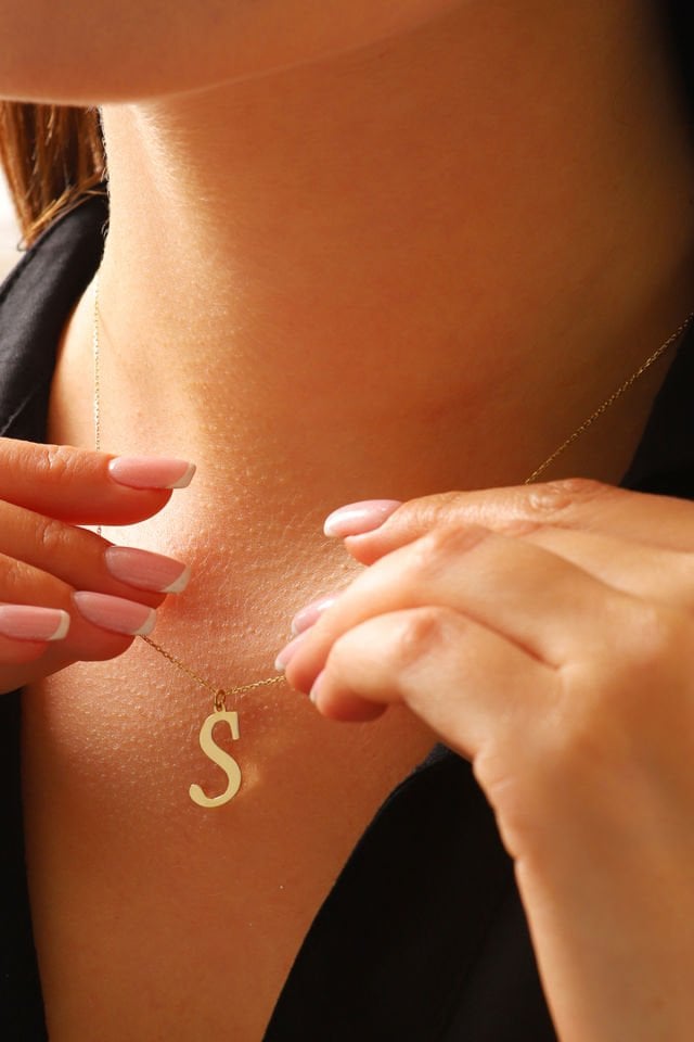 PRENSES PIRLANTA Kadın 14 Ayar Altın Harf Kolye El işi A & Z Harfi Altın Kolye Zincirli Harf Kolye 42 Cm S