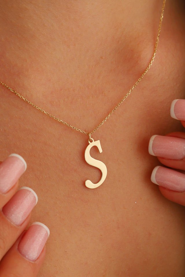 PRENSES PIRLANTA Kadın 14 Ayar Altın Harf Kolye El işi A & Z Harfi Altın Kolye Zincirli Harf Kolye 42 Cm S
