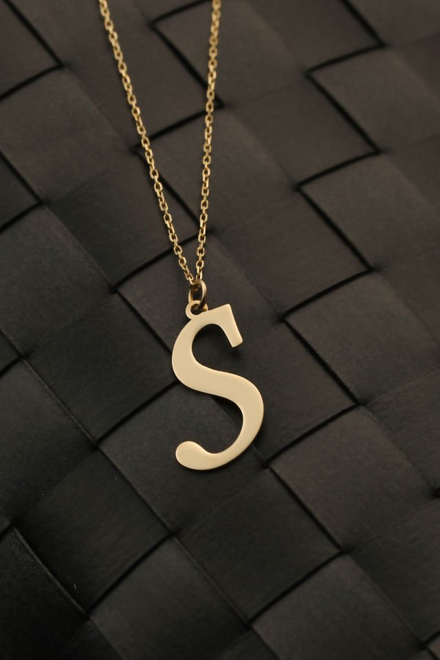 PRENSES PIRLANTA Kadın 14 Ayar Altın Harf Kolye El işi A & Z Harfi Altın Kolye Zincirli Harf Kolye 42 Cm S