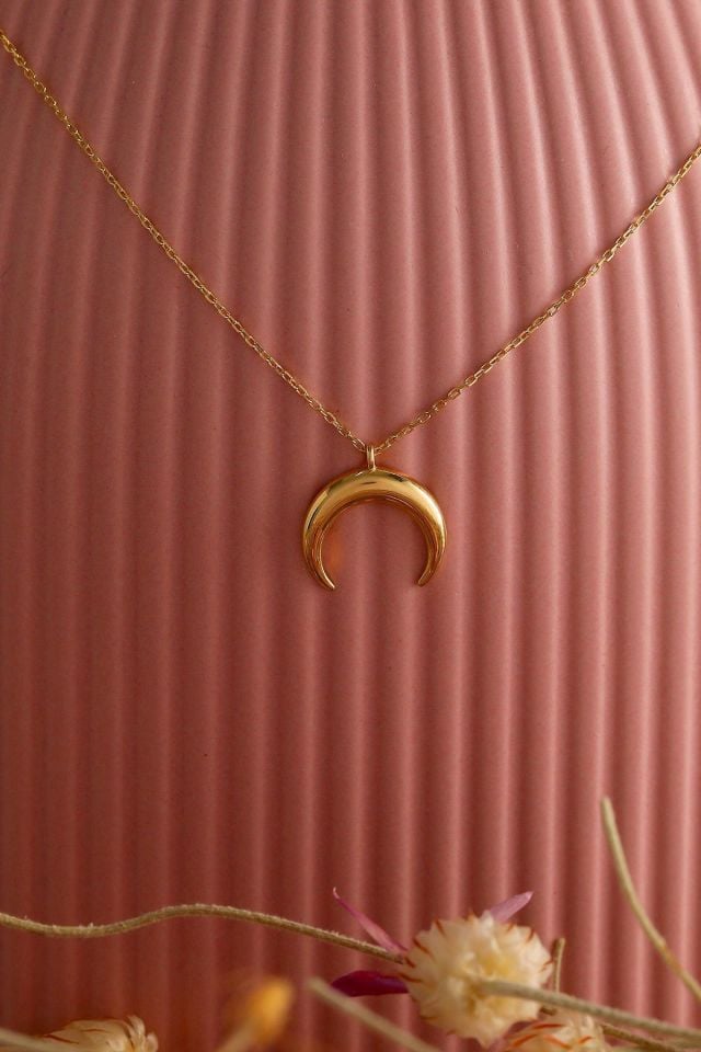 Prenses Pırlanta-14 Ayar Altın Ters Hilal Altın Kolye Modeli