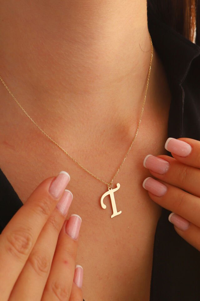 PRENSES PIRLANTA Kadın 14 Ayar Altın Harf Kolye El işi A & Z Harfi Altın Kolye Zincirli Harf Kolye 42 Cm T