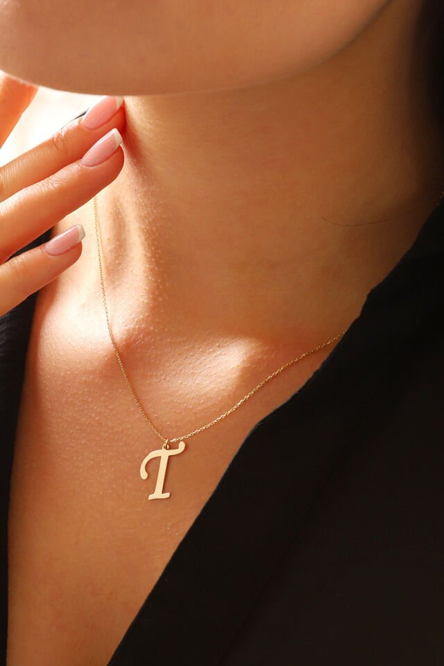 PRENSES PIRLANTA Kadın 14 Ayar Altın Harf Kolye El işi A & Z Harfi Altın Kolye Zincirli Harf Kolye 42 Cm T