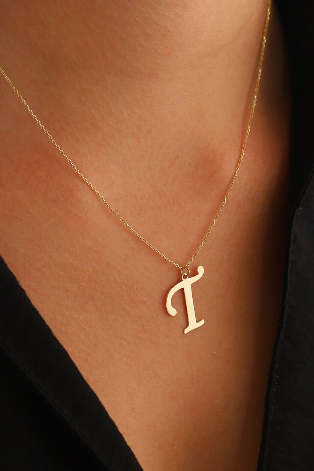PRENSES PIRLANTA Kadın 14 Ayar Altın Harf Kolye El işi A & Z Harfi Altın Kolye Zincirli Harf Kolye 42 Cm T