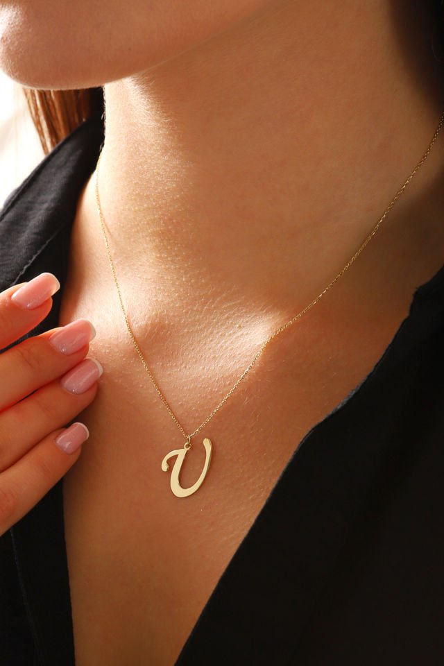 PRENSES PIRLANTA Kadın 14 Ayar Altın Harf Kolye El işi A & Z Harfi Altın Kolye Zincirli Harf Kolye 42 Cm U