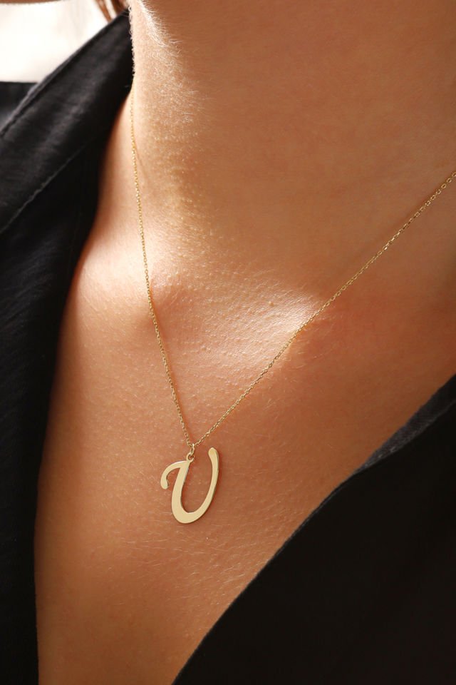 PRENSES PIRLANTA Kadın 14 Ayar Altın Harf Kolye El işi A & Z Harfi Altın Kolye Zincirli Harf Kolye 42 Cm U