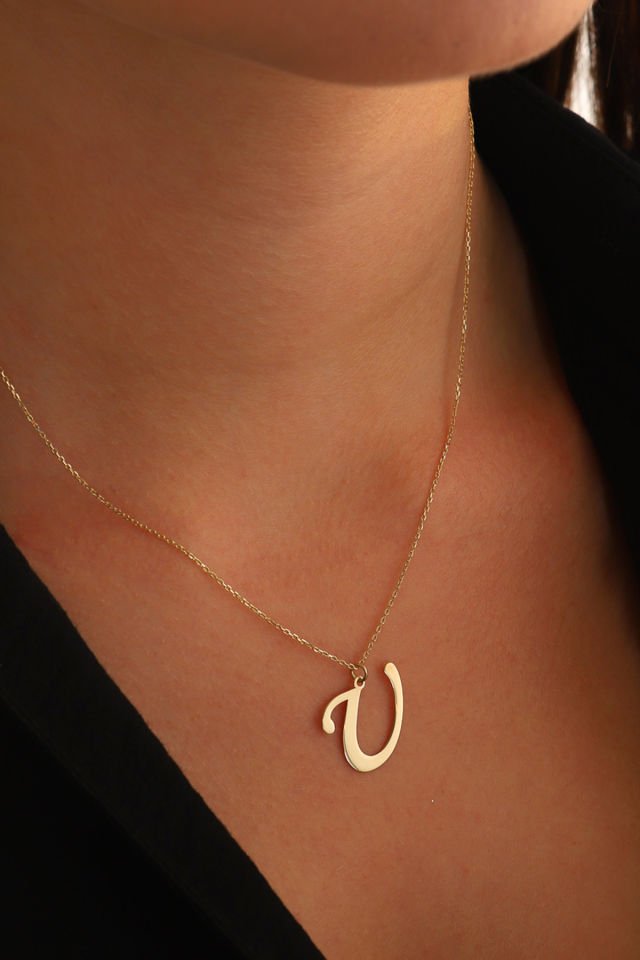 PRENSES PIRLANTA Kadın 14 Ayar Altın Harf Kolye El işi A & Z Harfi Altın Kolye Zincirli Harf Kolye 42 Cm U