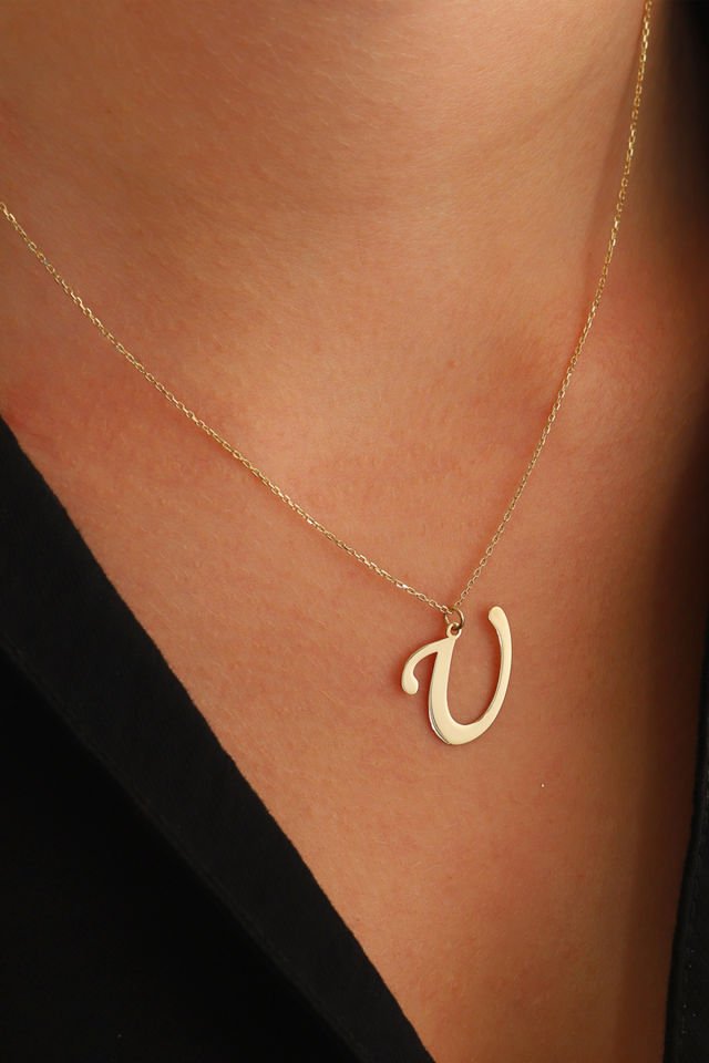 PRENSES PIRLANTA Kadın 14 Ayar Altın Harf Kolye El işi A & Z Harfi Altın Kolye Zincirli Harf Kolye 42 Cm U