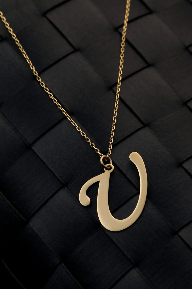 PRENSES PIRLANTA Kadın 14 Ayar Altın Harf Kolye El işi A & Z Harfi Altın Kolye Zincirli Harf Kolye 42 Cm U