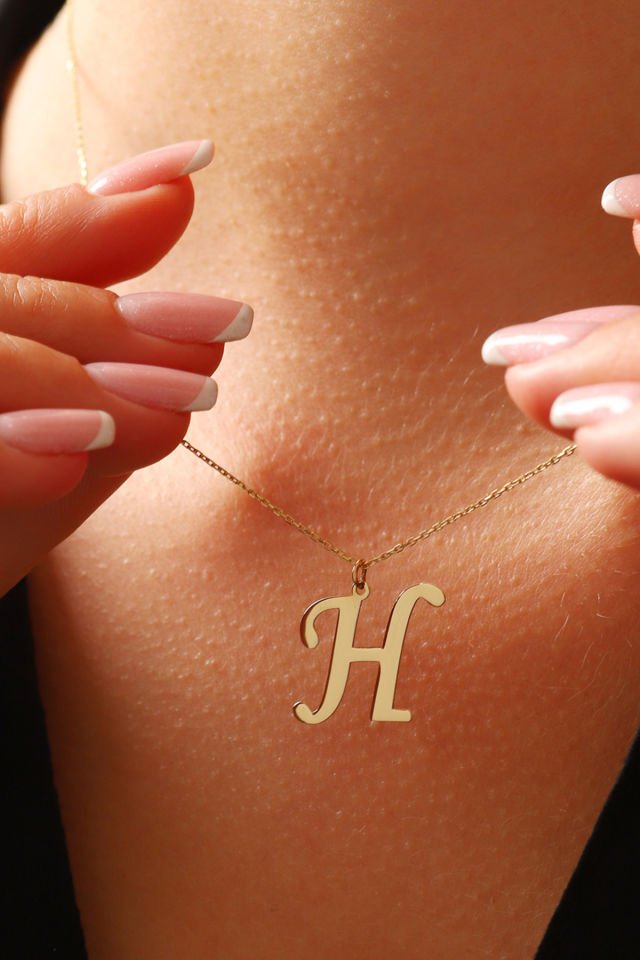 PRENSES PIRLANTA Kadın 14 Ayar Altın Harf Kolye El işi A & Z Harfi Altın Kolye Zincirli Harf Kolye 42 Cm H
