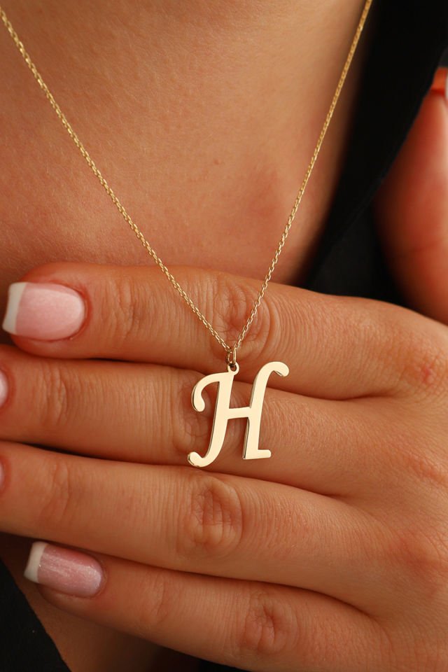 PRENSES PIRLANTA Kadın 14 Ayar Altın Harf Kolye El işi A & Z Harfi Altın Kolye Zincirli Harf Kolye 42 Cm H