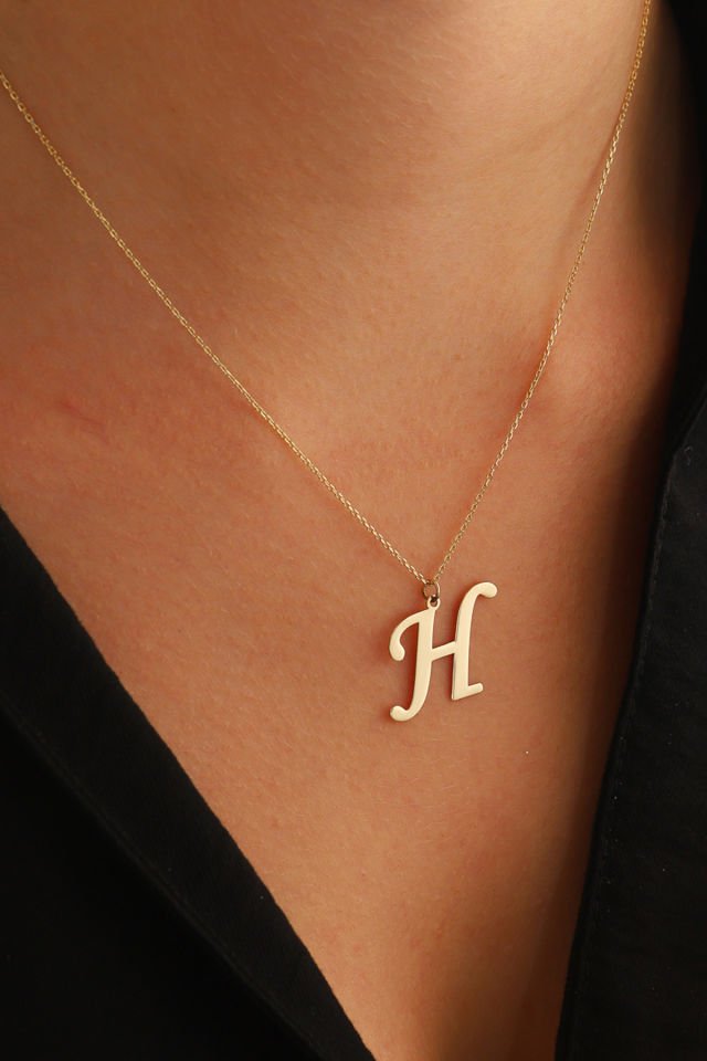 PRENSES PIRLANTA Kadın 14 Ayar Altın Harf Kolye El işi A & Z Harfi Altın Kolye Zincirli Harf Kolye 42 Cm H