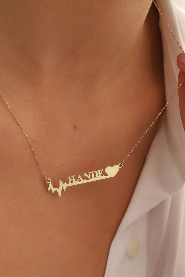 PRENSES PIRLANTA Altın Kolye/Ritim Kalp Desenli Altın Kolye/14 Ayar Altın İsim Kolye/Altın İsim Kolye