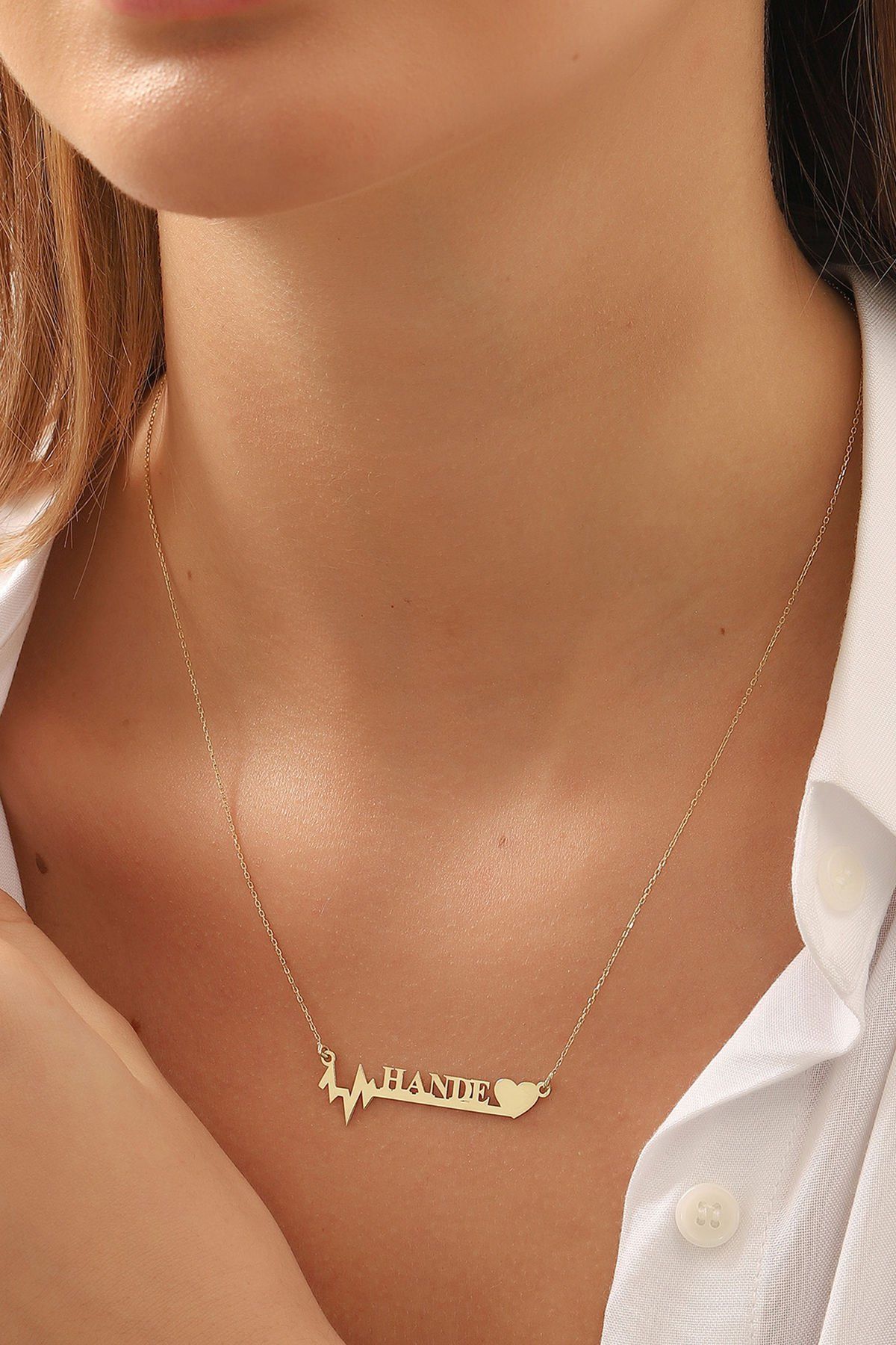 PRENSES PIRLANTA Altın Kolye/Ritim Kalp Desenli Altın Kolye/14 Ayar Altın İsim Kolye/Altın İsim Kolye