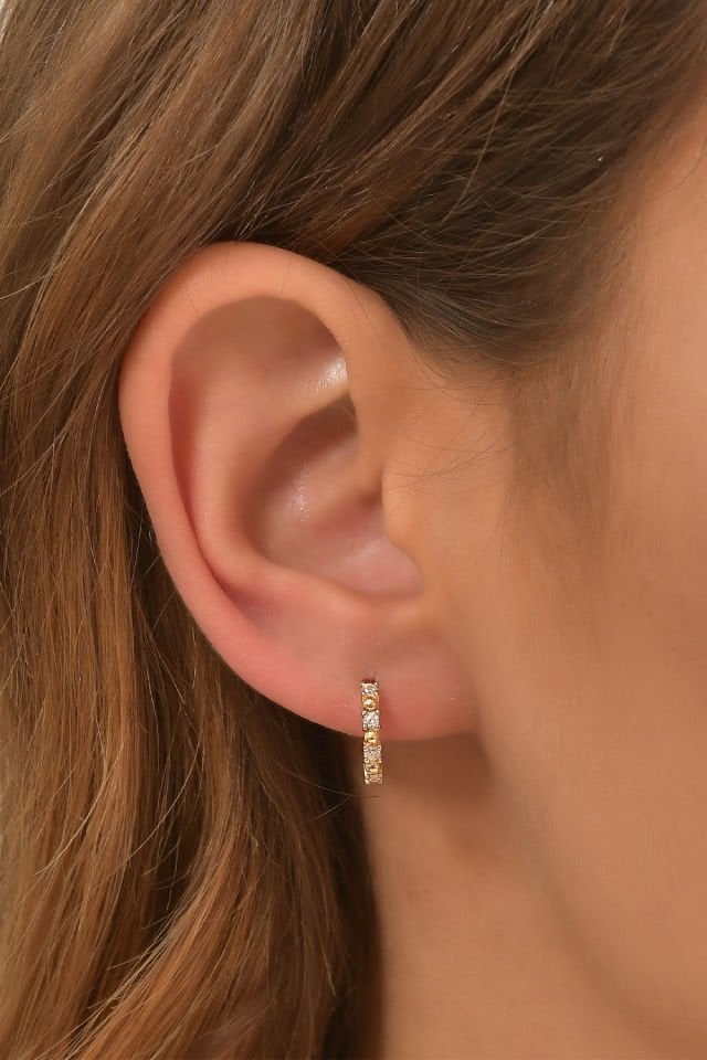 PRENSES PIRLANTA-Kadın 14 Ayar Altın Küpe Minimalist Zirkon Taşlı Modern Halka Altın Küpe 12 mm