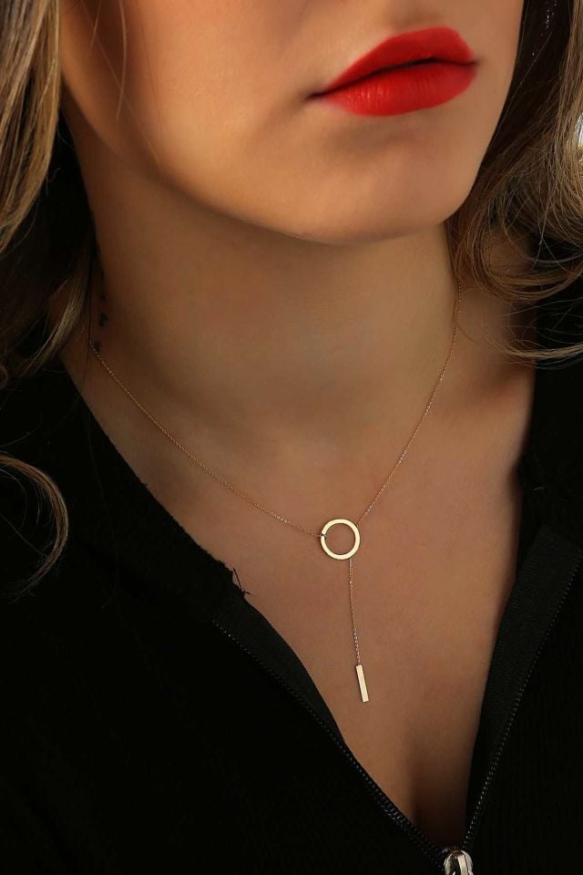 Prenses Pırlanta-14 Ayar Altın Çubuk Sallantılı Halka Altın Kolye Modeli