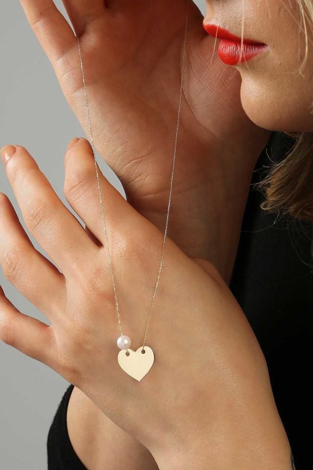 Prenses Pırlanta-14 Ayar Altın Mayorka İncili Kalp Altın Kolye Modeli