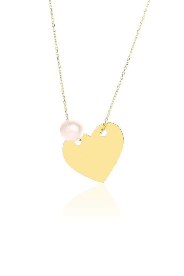 Prenses Pırlanta-14 Ayar Altın Mayorka İncili Kalp Altın Kolye Modeli