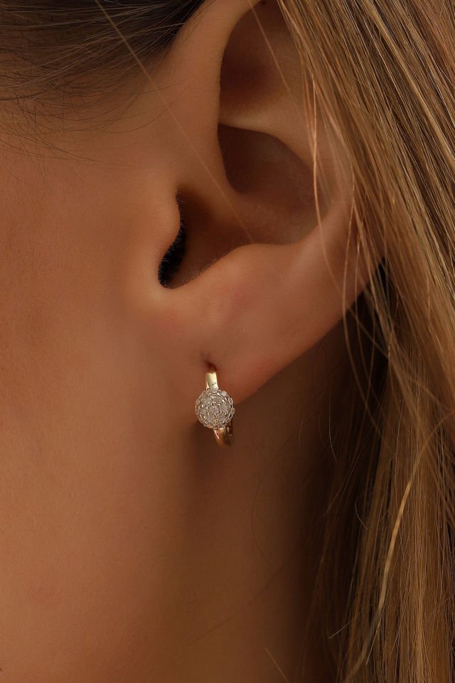 PRENSES PIRLANTA Kadın 14 Ayar Altın Küpe Minimalist Zirkon Taş Top Figürlü Halka Altın Küpe 12 mm