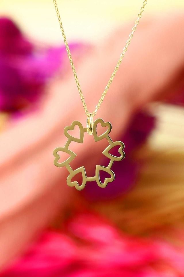 Prenses Pırlanta-14 Ayar Altın Daire Kalpler Altın Kolye Modeli