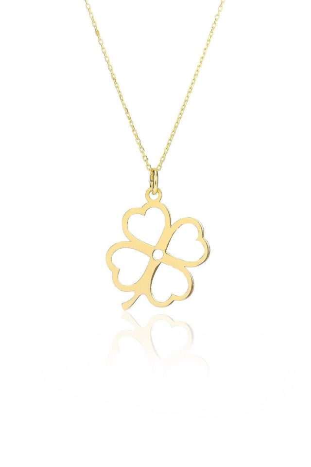 Prenses Pırlanta-14 Ayar Altın Kalpli Yonca Altın Kolye Modeli