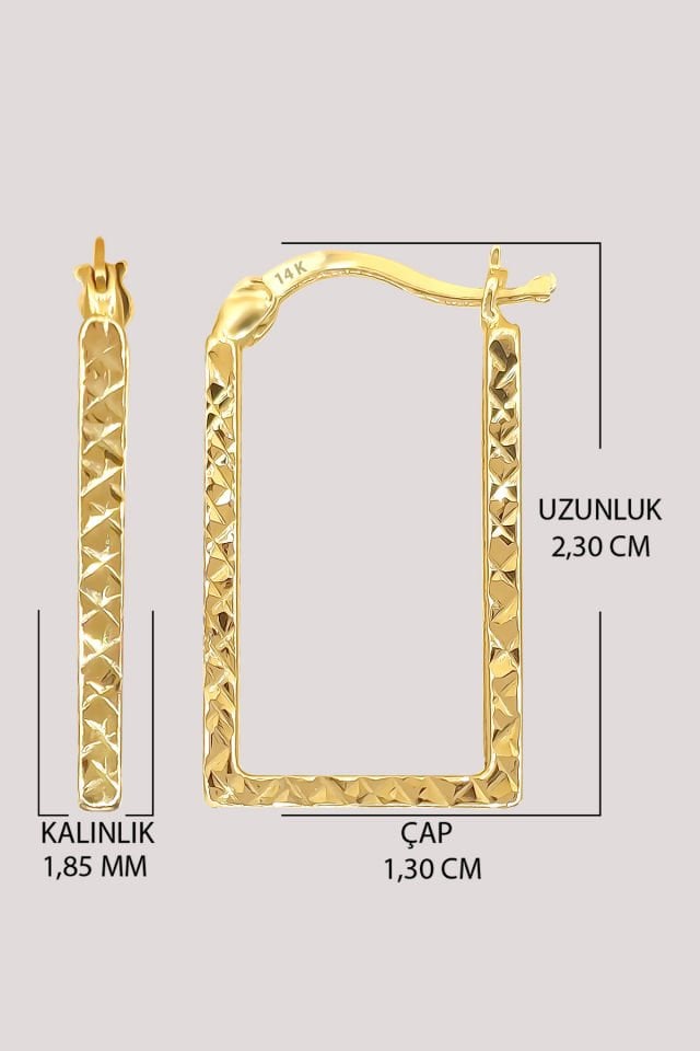 Prenses Pırlanta Altın Küpe 14 Ayar Altın Kare Halka Desenli Küpe-2,30 CM