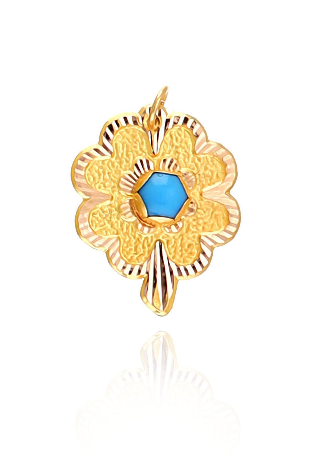 Prenses Pırlanta-14 Ayar Altın Çiçek Desenli Mavi Taşlı Altın Kolye Modeli Ucu