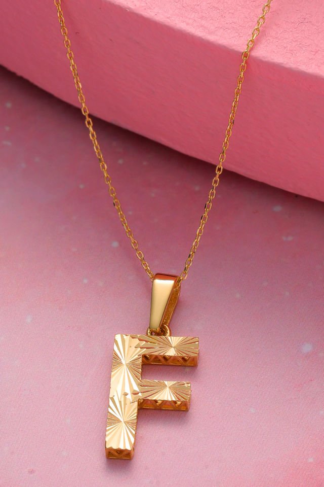 14 Ayar Altın F Harfi Kolye Ucu Parlak Kalemli Işıltılı Zincir Dahil Değildir