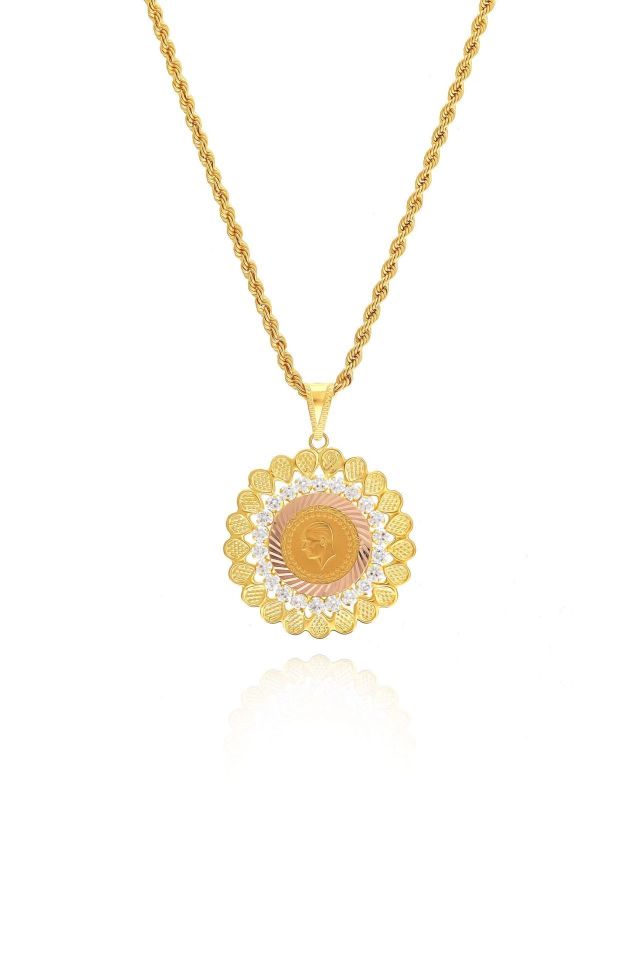 Prenses Pırlanta-14 Ayar Altın Çeyrek Altın Çerçeveli Halat Zincirle Birlikte