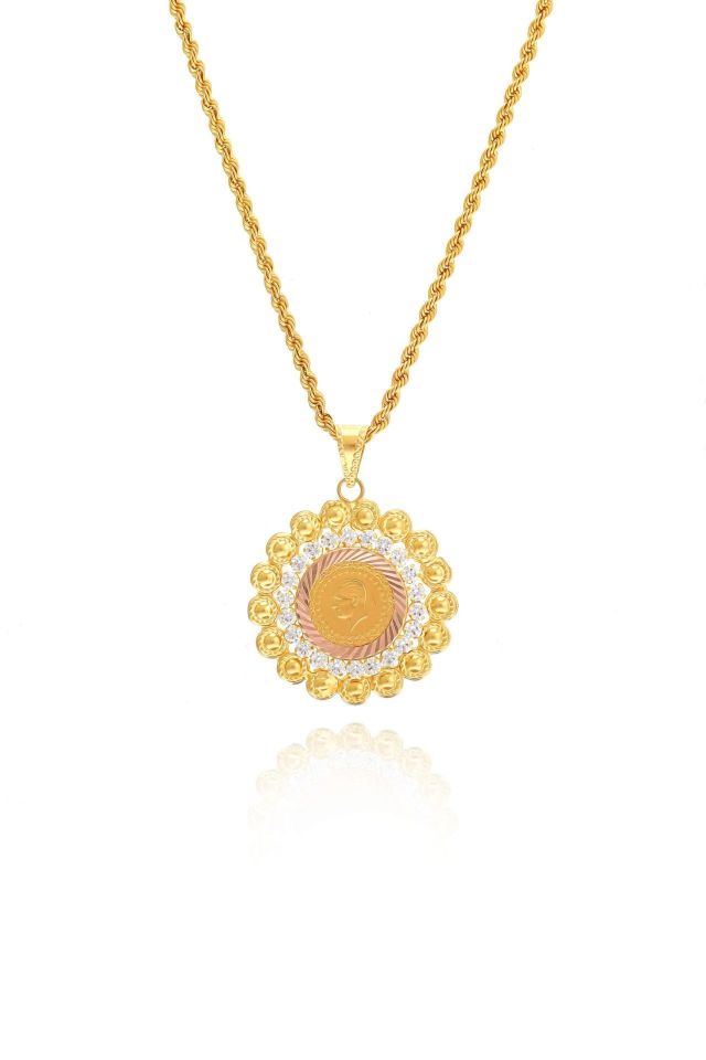 Prenses Pırlanta-14 Ayar Altın Çeyrek Altın Çerçeveli Halat Zincirle Birlikte