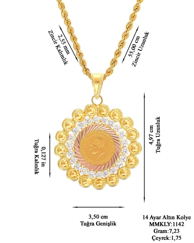 Prenses Pırlanta-14 Ayar Altın Çeyrek Altın Çerçeveli Halat Zincirle Birlikte