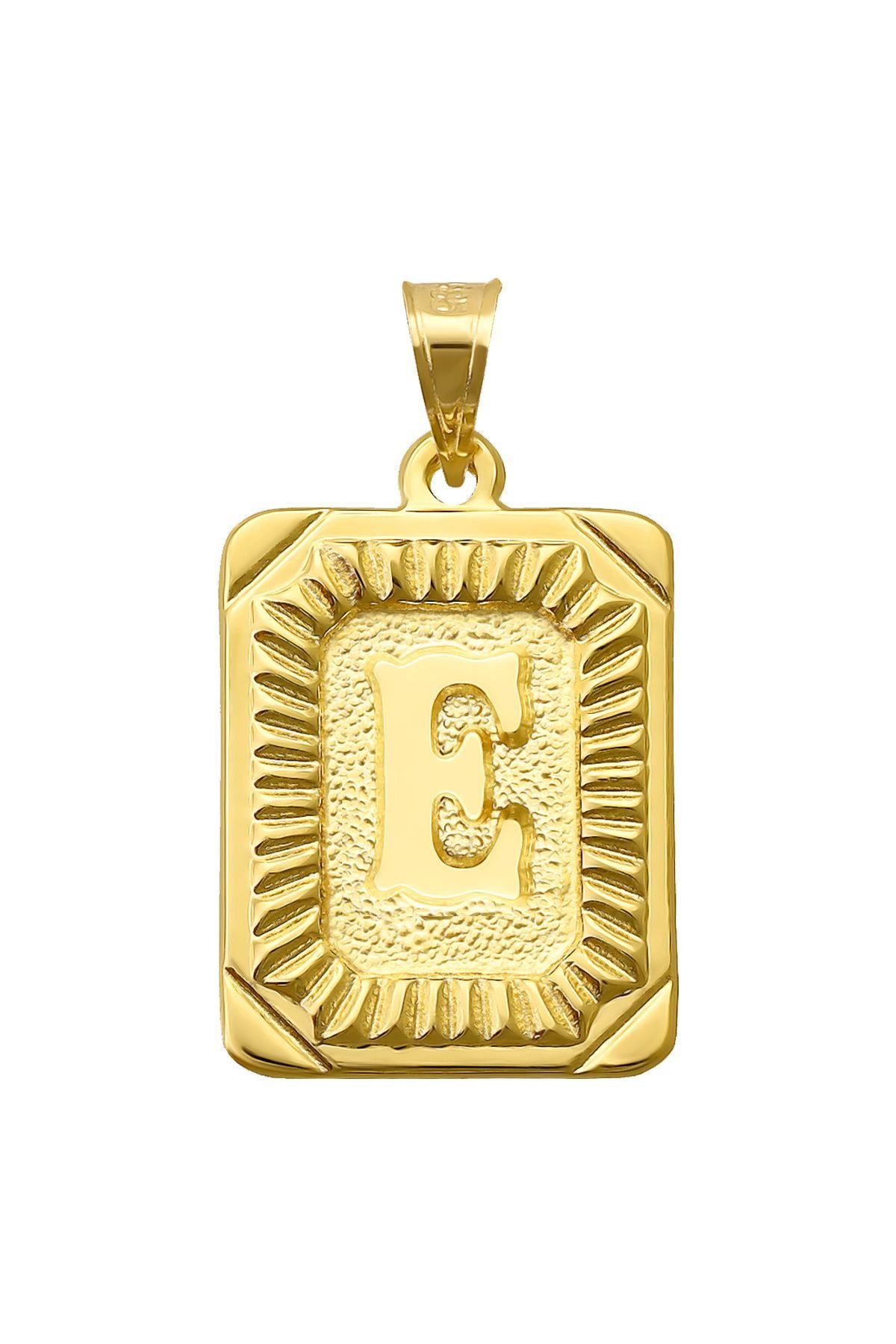 14 Ayar Altın E Harfi Kolye Ucu Kare Desenli Harf Zincir Dahil Değildir