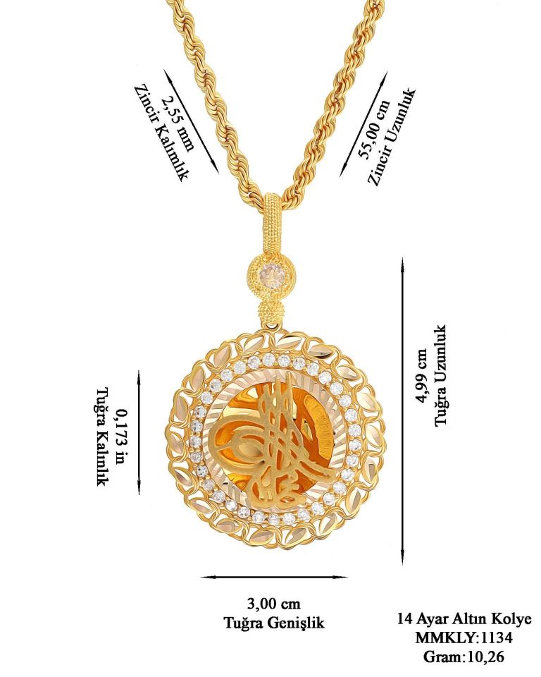 Prenses Pırlanta-14 Ayar Altın Osmanlı Tuğrası Halat Zincirle Birlikte