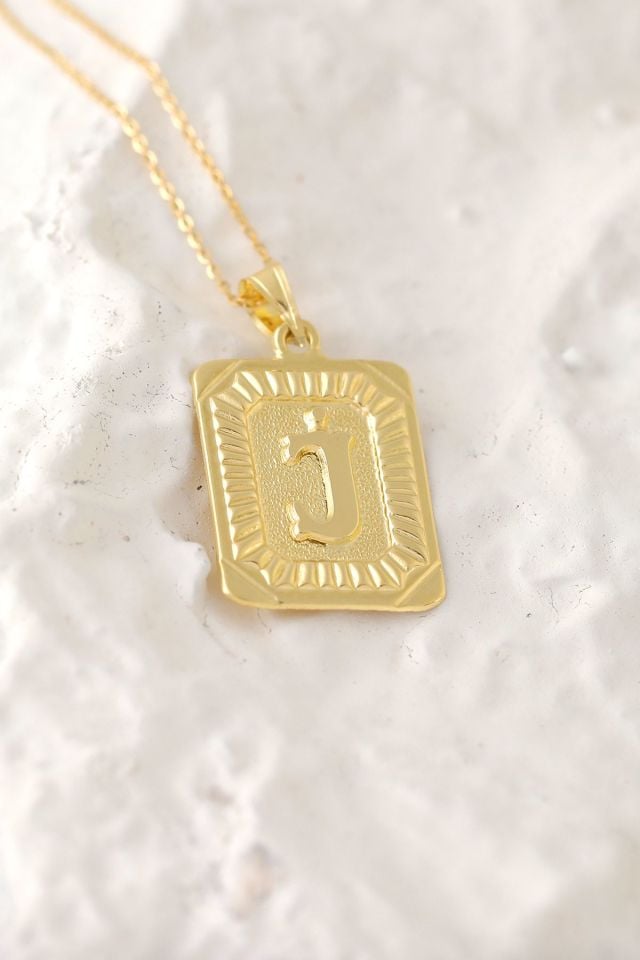 14 Ayar Altın J Harfi Kolye Ucu Kare Desenli Harf Zincir Dahil Değildir