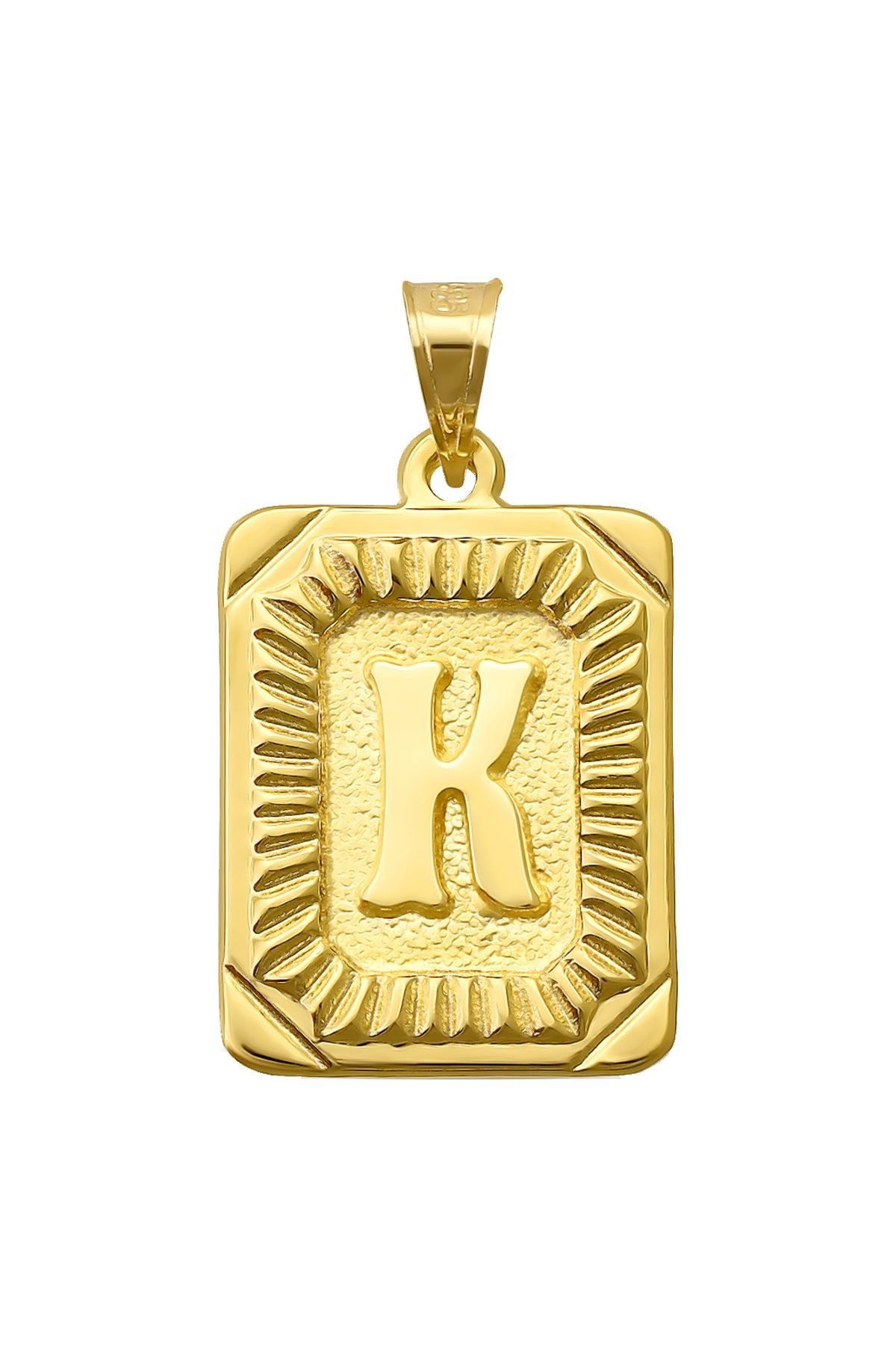 14 Ayar Altın K Harfi Kolye Ucu Kare Desenli Harf Zincir Dahil Değildir