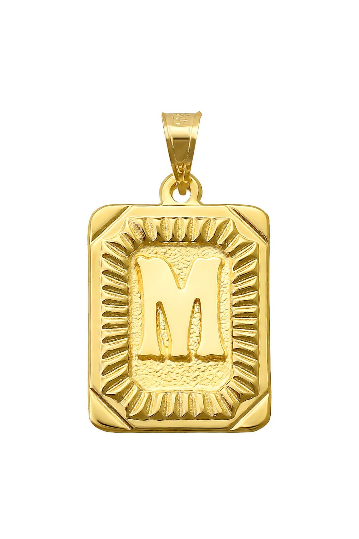 14 Ayar Altın M Harfi Kolye Ucu Kare Desenli Harf Zincir Dahil Değildir