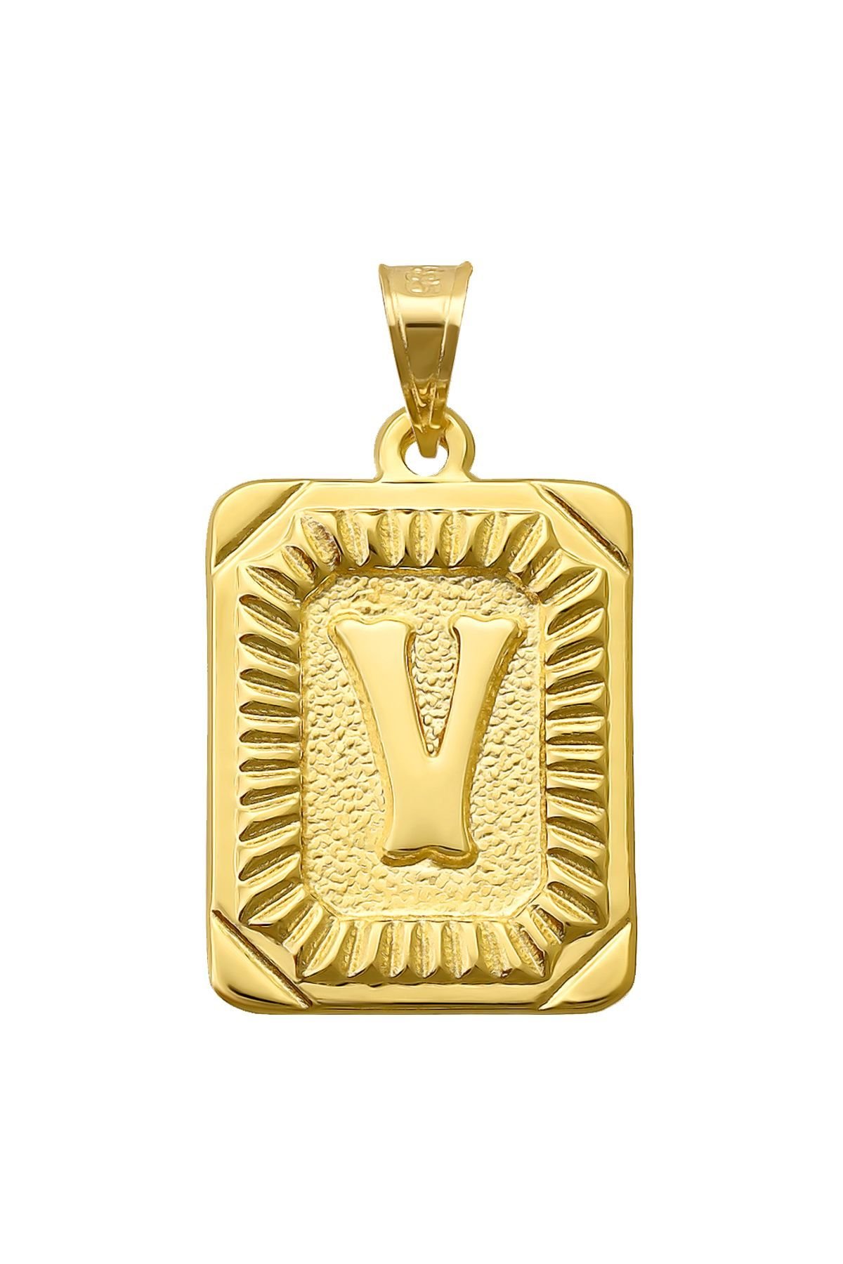 14 Ayar Altın V Harfi Kolye Ucu Kare Desenli Harf Zincir Dahil Değildir
