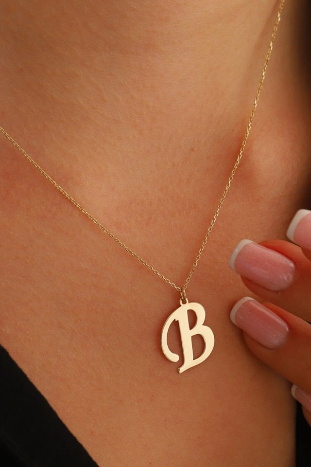14 Ayar Altın B Harfi Kolye Ucu El İşi Tasarım Harf Zincir Dahil Değildir