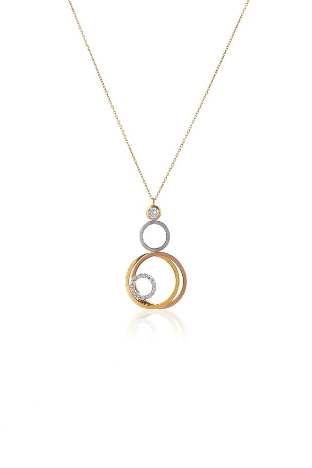 Prenses Pırlanta-Yeşil Beyaz Rose Üç Renk Altın Kolye Modeli 14 Ayar Altın