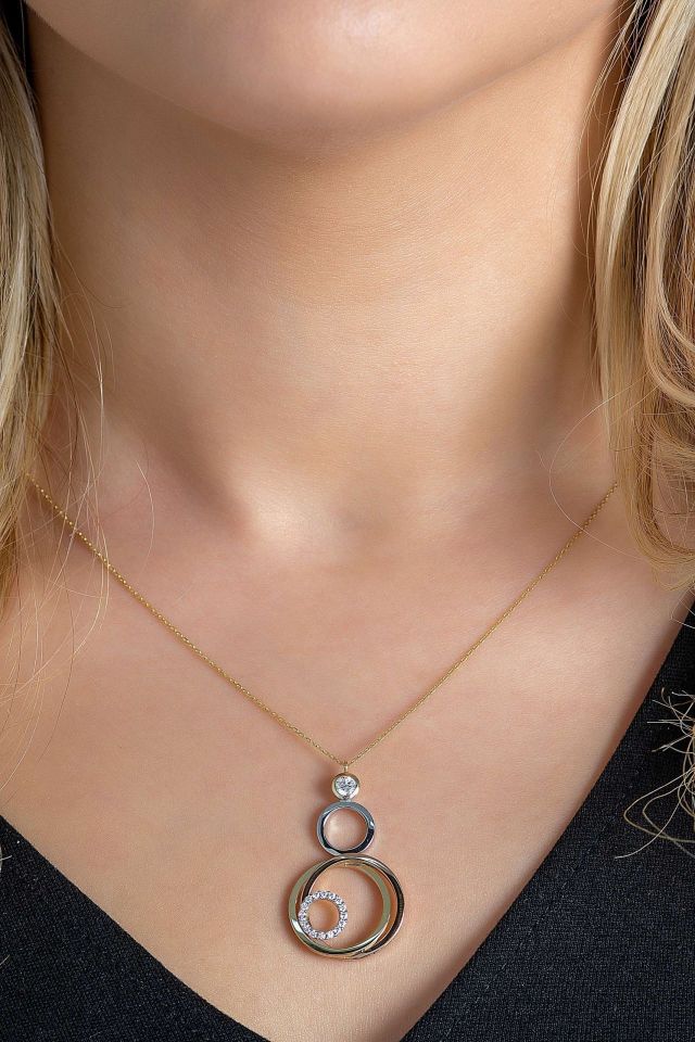 Prenses Pırlanta-Yeşil Beyaz Rose Üç Renk Altın Kolye Modeli 14 Ayar Altın