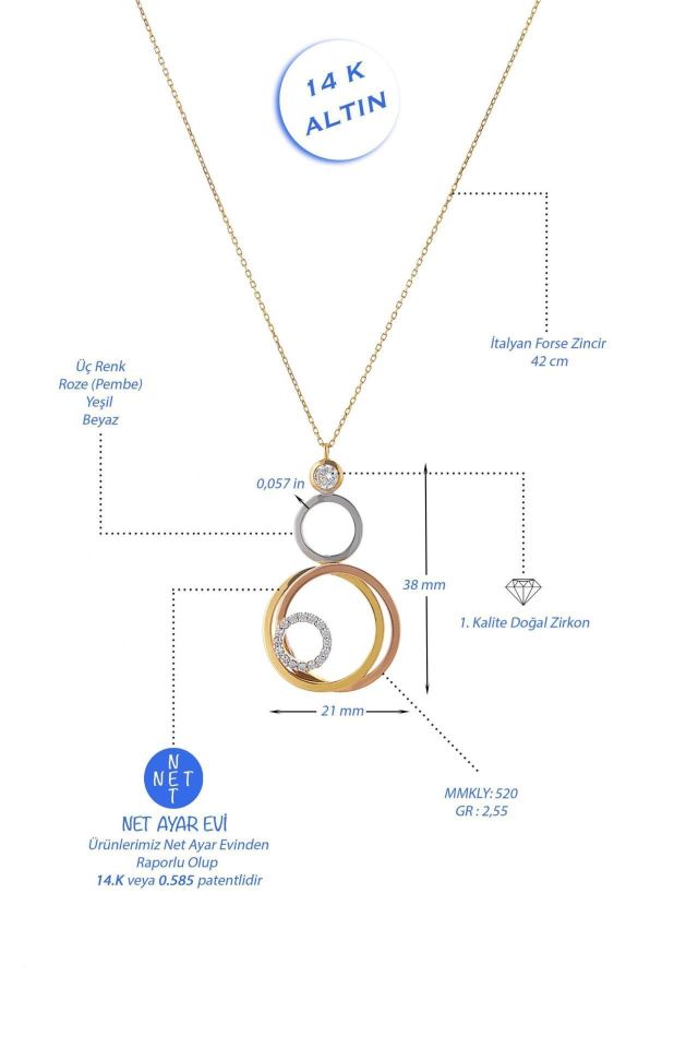 Prenses Pırlanta-Yeşil Beyaz Rose Üç Renk Altın Kolye Modeli 14 Ayar Altın