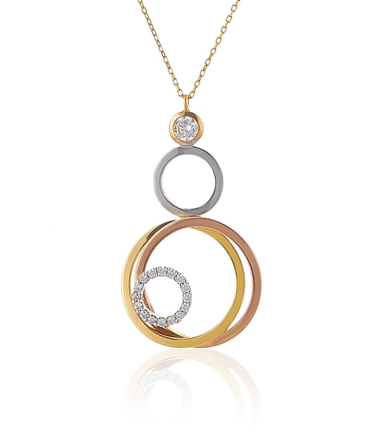 Prenses Pırlanta-Yeşil Beyaz Rose Üç Renk Altın Kolye Modeli 14 Ayar Altın