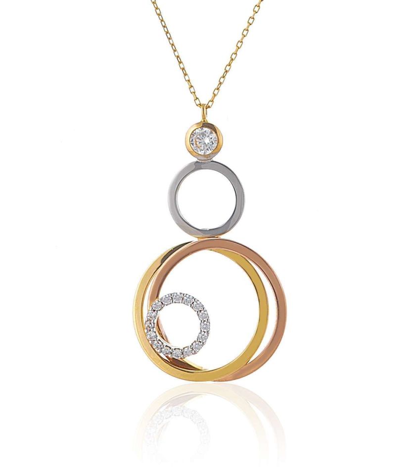 Prenses Pırlanta-Yeşil Beyaz Rose Üç Renk Altın Kolye Modeli 14 Ayar Altın